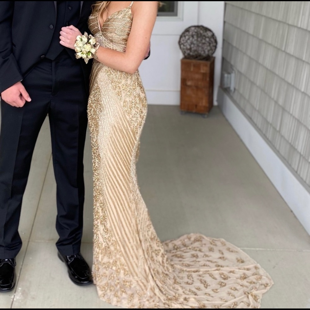 Sherri Hill 53489 V-neck Gold Long Beaded Dress